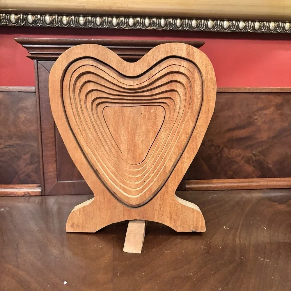 Handmade Collapsible‎ Heart Wooden Basket Bowl Trivet Folding Fruit Bread Decor
